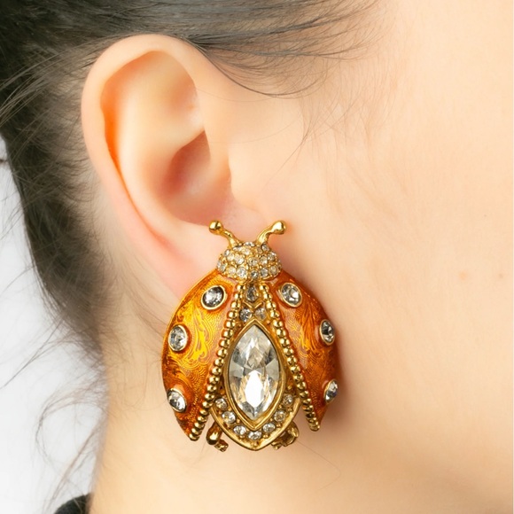 CHRISTIAN DIOR Boutique * Iconic Jewelled Ladybug Clip-On Earrings - Picture 1 of 7